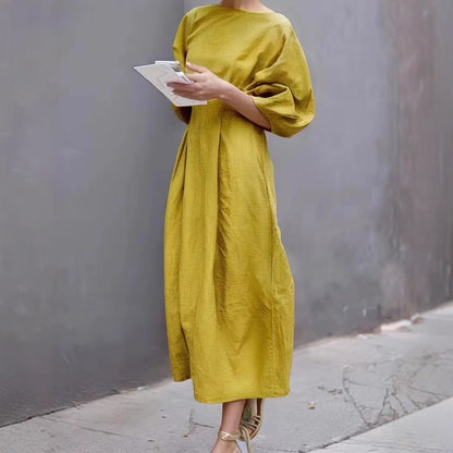 Women’s Long Dress – Puff Sleeve – Loose Fit – Round Neck – Lightweight Casual Wear