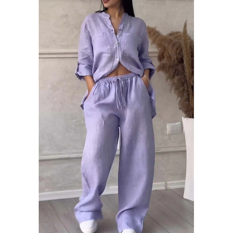 Women’s Shirt and Trousers Set – Linen Blend – Relaxed Fit – Wide Leg – Button Down Top
