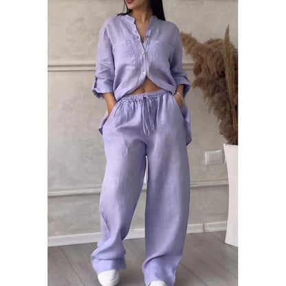 Women’s Shirt and Trousers Set – Linen Blend – Relaxed Fit – Wide Leg – Button Down Top