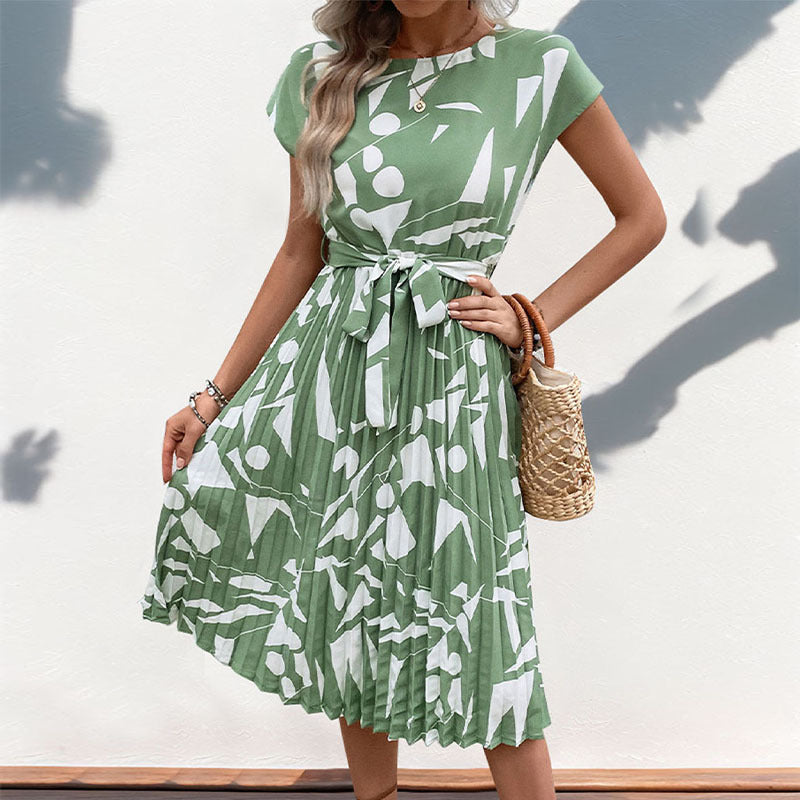Women’s Midi Dress – Fit and Flare – Geometric Print – Pleated – Short Sleeve Belted