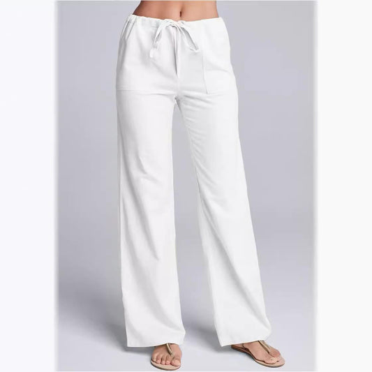 Women’s Casual Trousers – Cotton Linen Blend – Loose Fit – Drawstring Waist – Full Length