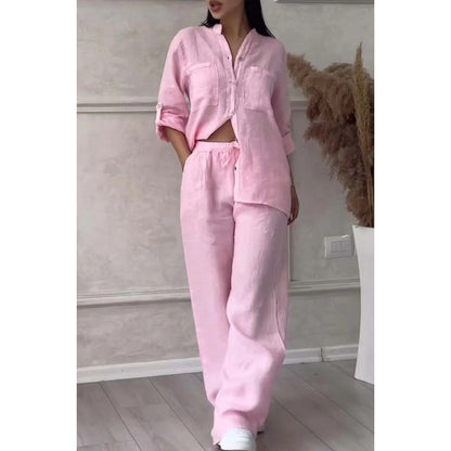 Women’s Shirt and Trousers Set – Linen Blend – Relaxed Fit – Wide Leg – Button Down Top