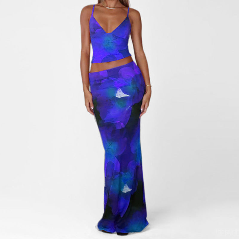 Women’s Vest and Maxi Skirt Set – Fitted Silhouette – Satin Feel – Deep V-Neck Straps
