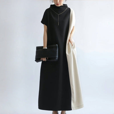 Women’s Midi Dress – Loose Fit – Batwing Sleeve – Half Turtleneck – Two-Tone Style