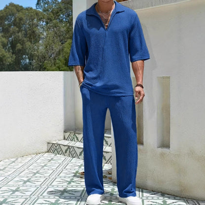 Men’s Casual Set – Textured Lightweight Fabric – Relaxed Fit – Half-Zip Shirt & Trousers