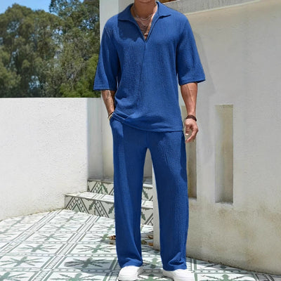 Men’s Casual Set – Textured Lightweight Fabric – Relaxed Fit – Half-Zip Shirt & Trousers