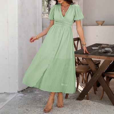 Women’s Maxi Dress – V-Neck – High Waist – Puff Sleeve – Front Slit – Button Detail