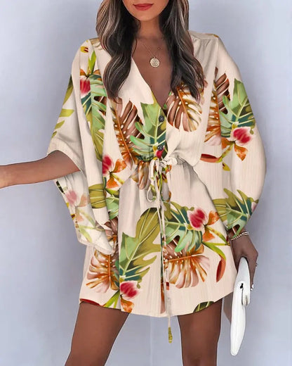 Women’s Mini Dress – V-Neck – Lace-Up Waist – Flutter Sleeve – Flowy Fit