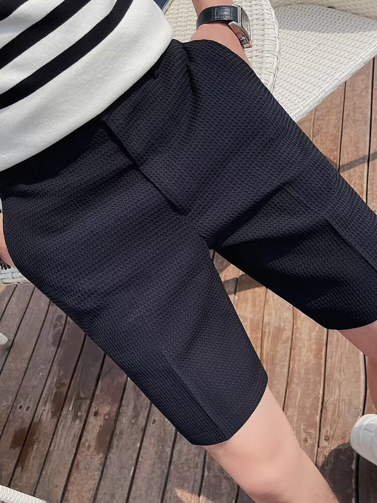 Men’s Slim Fit Shorts – Textured Woven Fabric – Button Waist – Knee Length – Belt Loops
