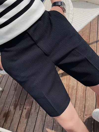 Men’s Slim Fit Shorts – Textured Woven Fabric – Button Waist – Knee Length – Belt Loops