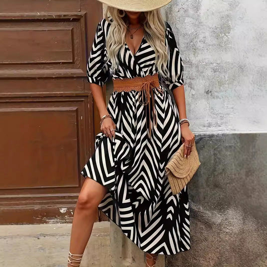 Women’s Midi Dress – A-Line Fit – V-Neck Wrap – Belted Waist – Puff Sleeves – Geometric Print