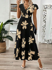 Women’s Maxi Dress – Wrap Style – Elegant Fit – Short Sleeve – Floral Pattern – Breathable Blend