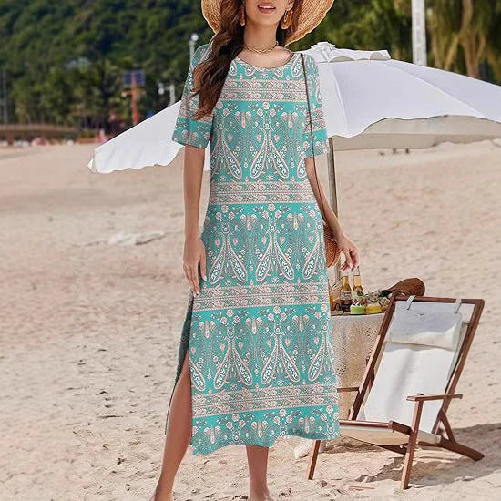 Women’s Maxi Dress – Relaxed Fit – Floral Print – Side Slits – Breathable Blend