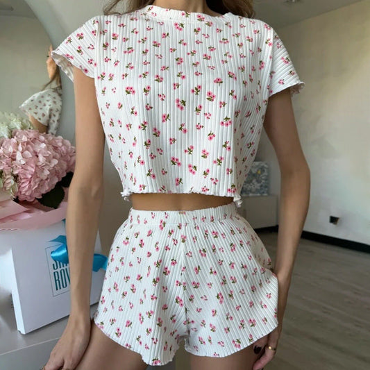 Women’s Pajama Set – Ribbed Cotton – Relaxed Fit – Cropped Top & High-Waist Shorts – Floral Print