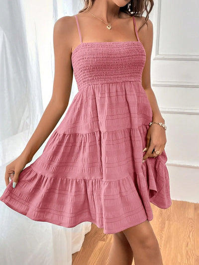 Women’s Short Dress – Smocked Bodice – Sleeveless A-Line – Tiered Cotton Casual Wear