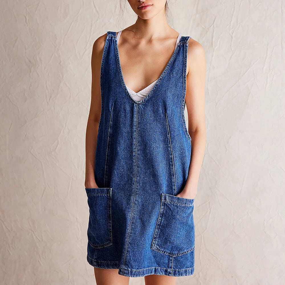 Women’s Mini Dress – Relaxed Fit – Natural Fibers – Deep V-Neck – Sleeveless – Pockets