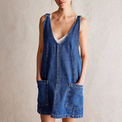 Women’s Mini Dress – Relaxed Fit – Natural Fibers – Deep V-Neck – Sleeveless – Pockets