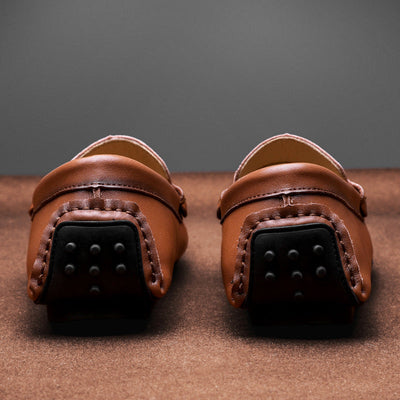 Men’s Loafers – Slip-On Leather – Metal Buckle – Round Toe – Textured Sole
