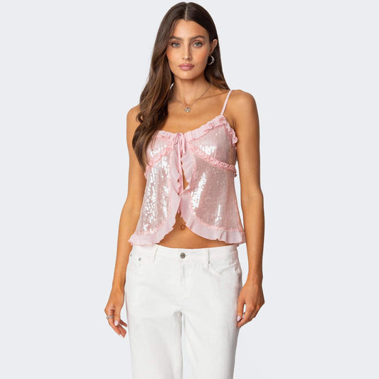 Women’s Halter Crop Top – Sequin Embellished – Fitted Silhouette – Ruffle Trim Bow