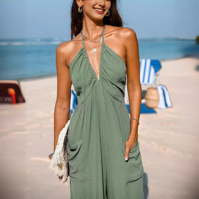 Women’s Halter Jumpsuit – Lightweight Fabric – Deep V-Neck – Tapered Leg – Pockets
