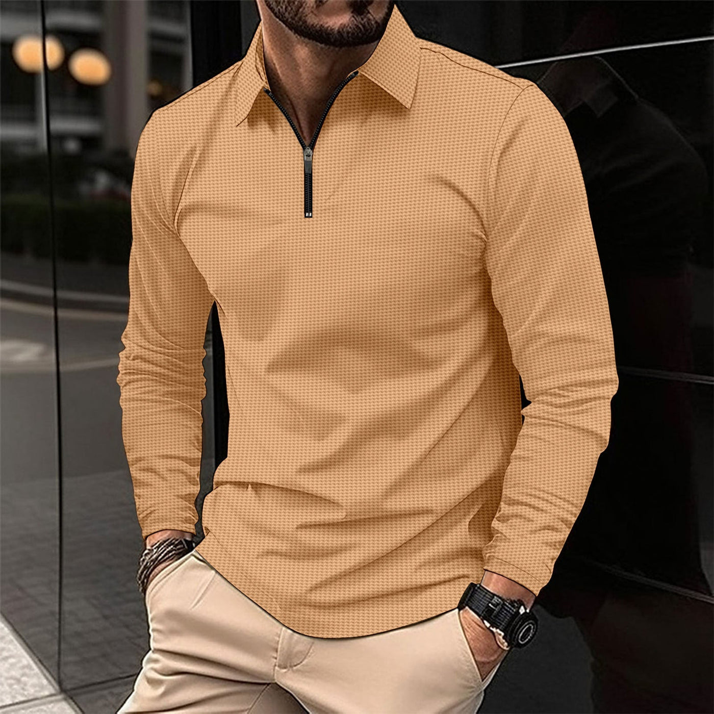 Men’s Long Sleeve Shirt – Slim Fit – Zip Collar – Stretch Fabric