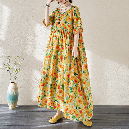 Women’s Maxi Dress – Floral Print – Loose Fit – Lightweight Cotton – 3/4 Sleeve