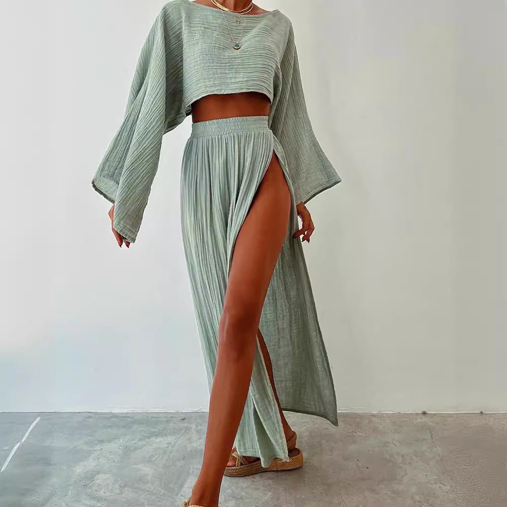 Women’s Two-Piece Set – Relaxed Fit – Boat Neck – 3/4 Wide Sleeves – High Slit Maxi Skirt