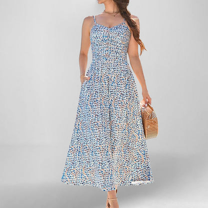 Women’s Sundress – A-Line Midi – Spaghetti Straps – Floral Print – Pockets – Cotton Blend
