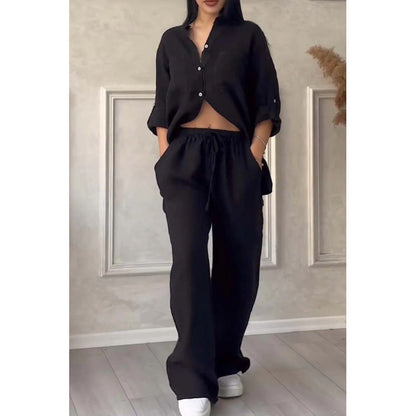 Women’s Shirt and Trousers Set – Linen Blend – Relaxed Fit – Wide Leg – Button Down Top