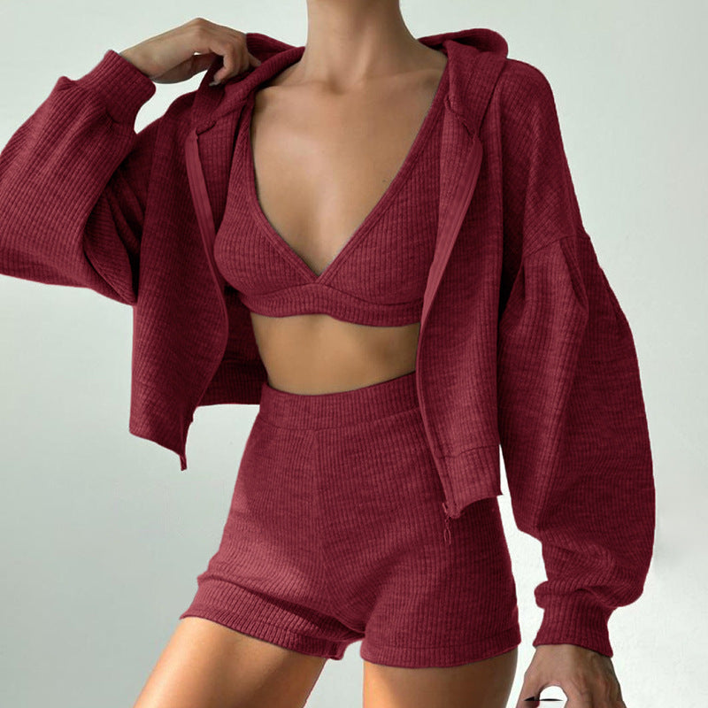 Women's 3-Piece Set - Crop Hoodie - Bralette Top - High-Waist Shorts - Casual and Comfy