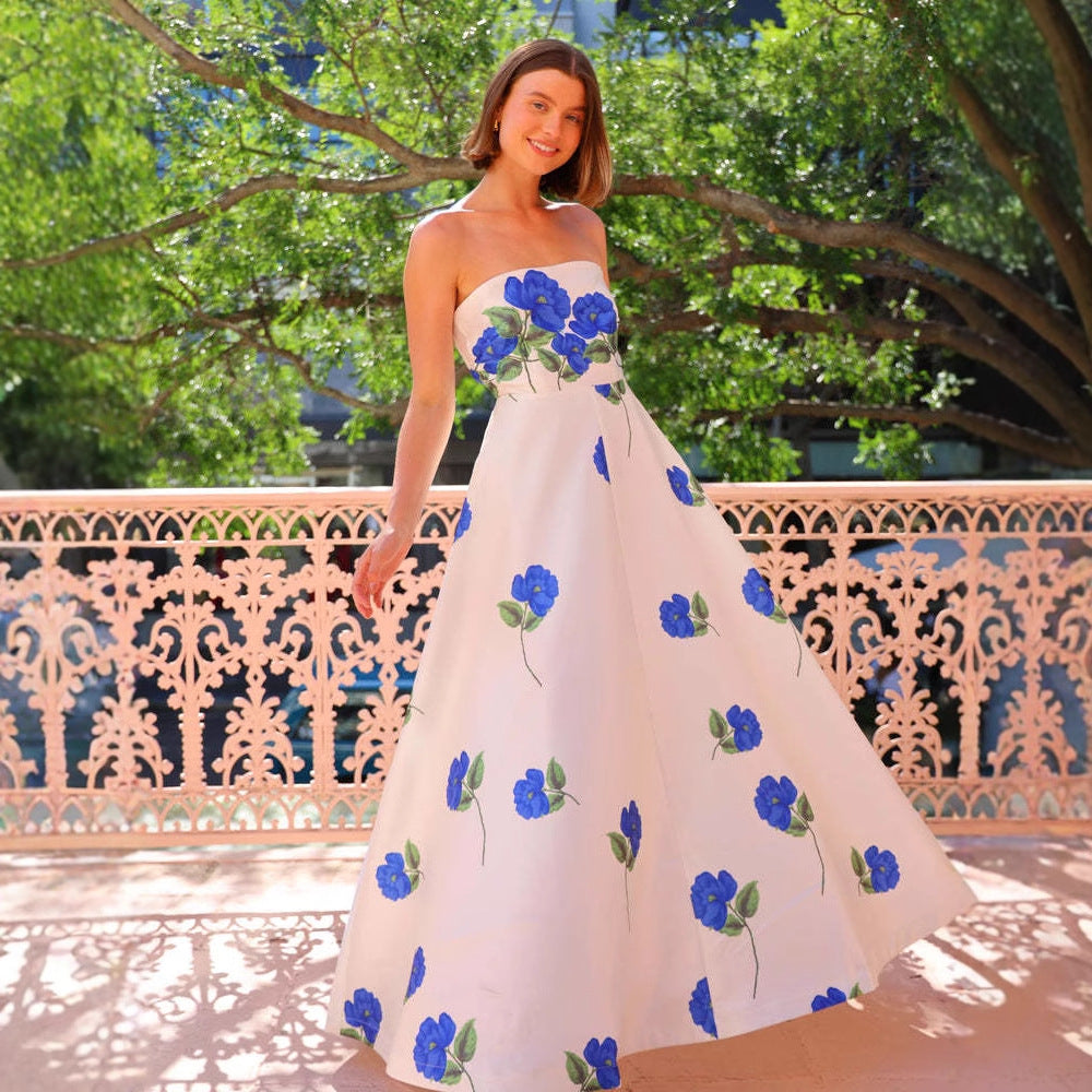 Women’s Evening Gown – Strapless Satin – Floral Print – Slim Fit A-Line Long Dress