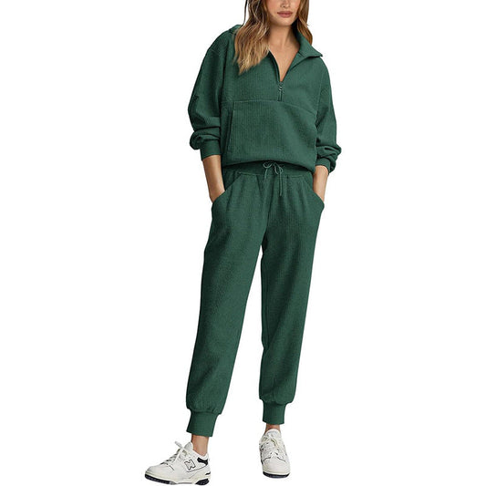 Women’s Tracksuit Set – Ribbed Fabric – Relaxed Fit – Half Zip Top – Drawstring Joggers