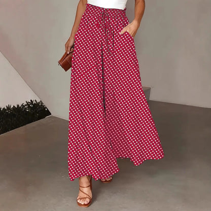 Women’s Wide-Leg Trousers – Flowy Fit – Polka Dot – Drawstring Waist – Breathable Fabric
