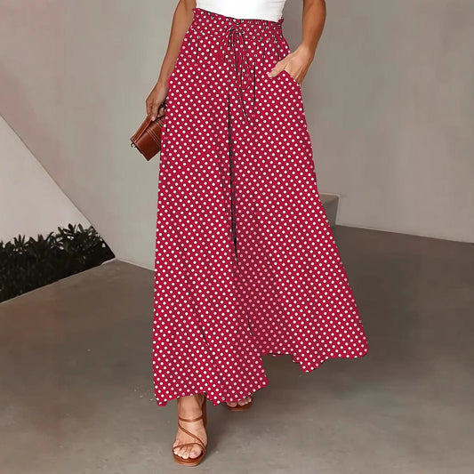 Women’s Wide-Leg Trousers – Flowy Fit – Polka Dot – Drawstring Waist – Breathable Fabric