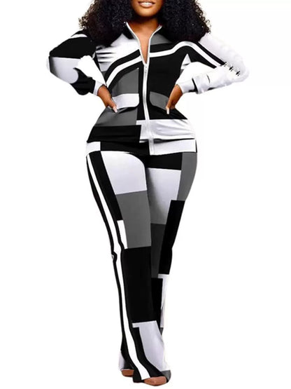 Women’s Two-Piece Trousers Suit – Slim Fit – Animal Print – Zip Jacket – Stretch Fabric