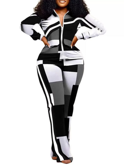 Women’s Two-Piece Trousers Suit – Slim Fit – Animal Print – Zip Jacket – Stretch Fabric