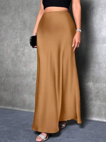Women’s Maxi Skirt – Satin Fabric – Slim Fit – Flared Hem – Minimalist Design