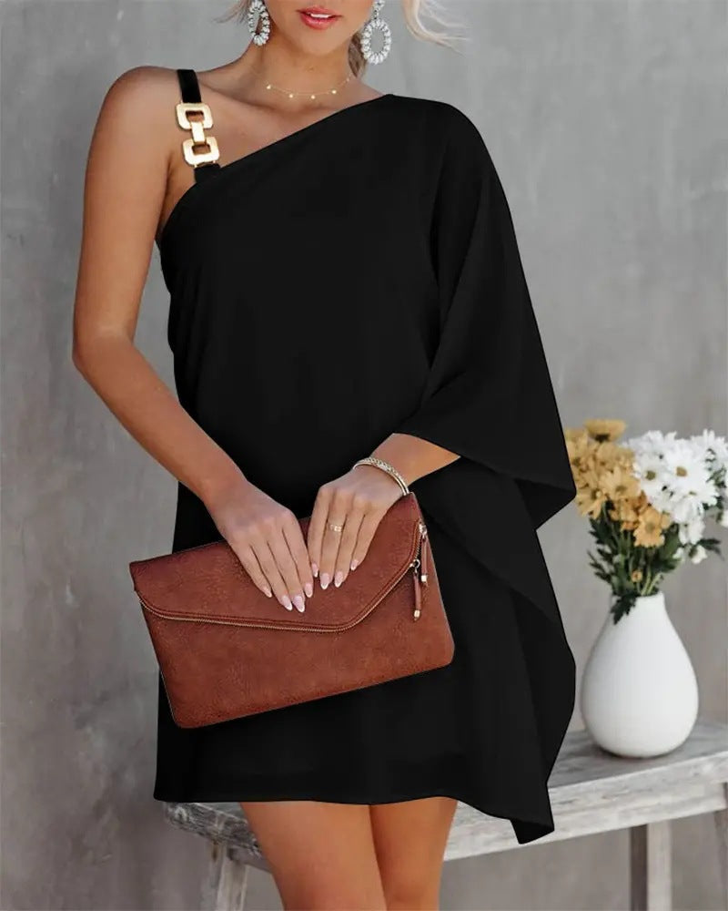 Women’s Off-Shoulder Dress – Relaxed Fit – Batwing Sleeves – Metal Strap – Knee Length