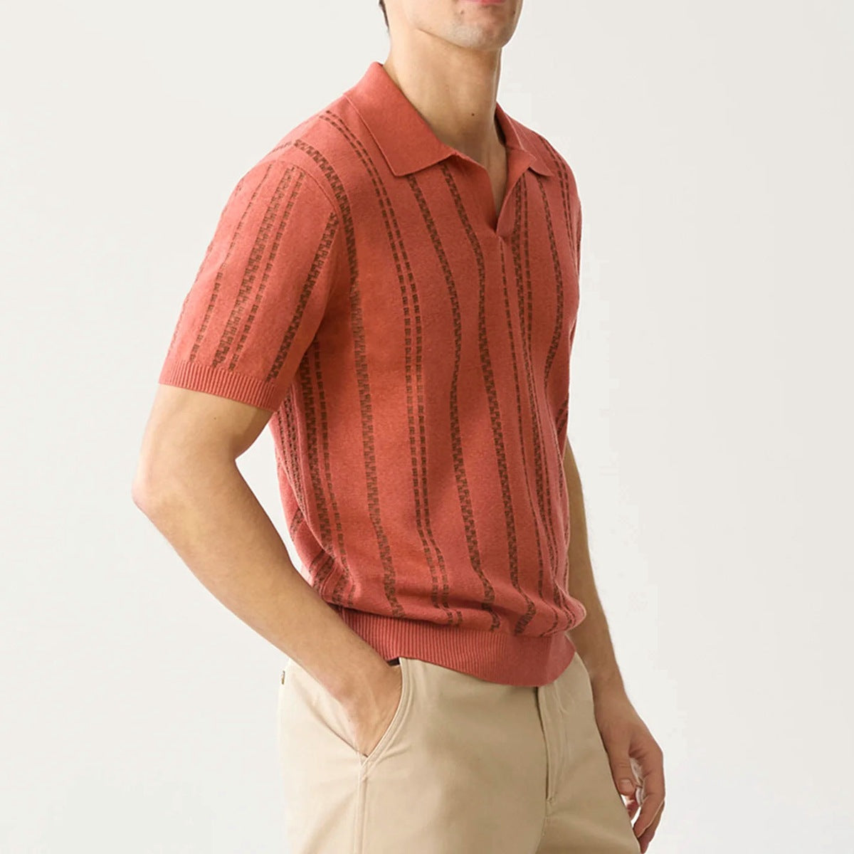 Men’s Polo Shirt – Jacquard Knit – V-Neck – Regular Fit – Short Sleeve Casual Wear