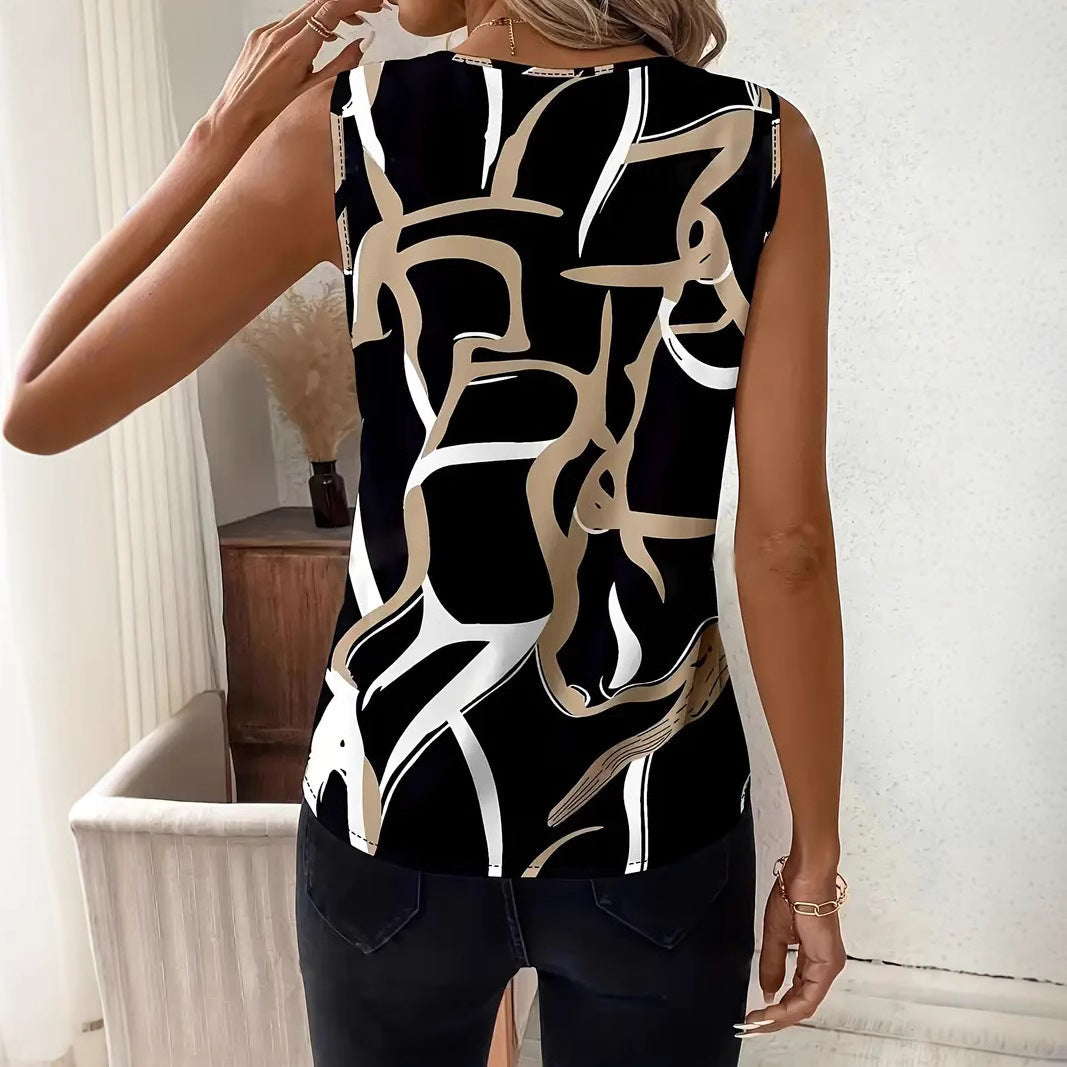 Women’s Sleeveless Top – V-Neck – Relaxed Fit – Abstract Print – Lightweight Fabric