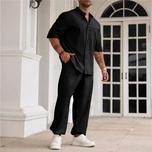 Men’s Casual Set – Cotton Linen Blend – Relaxed Fit – Short Sleeve Shirt & Trousers