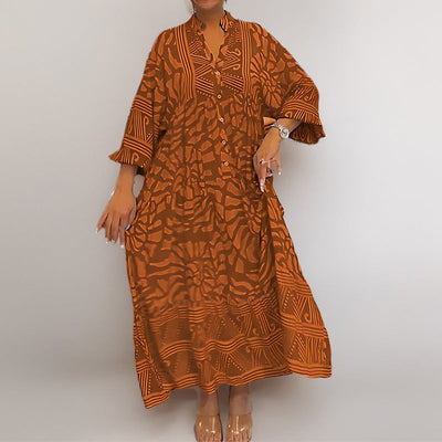 Women’s Midi Dress – Loose Fit – Button-Front – Rolled Sleeves – Abstract Print – Breathable Fabric