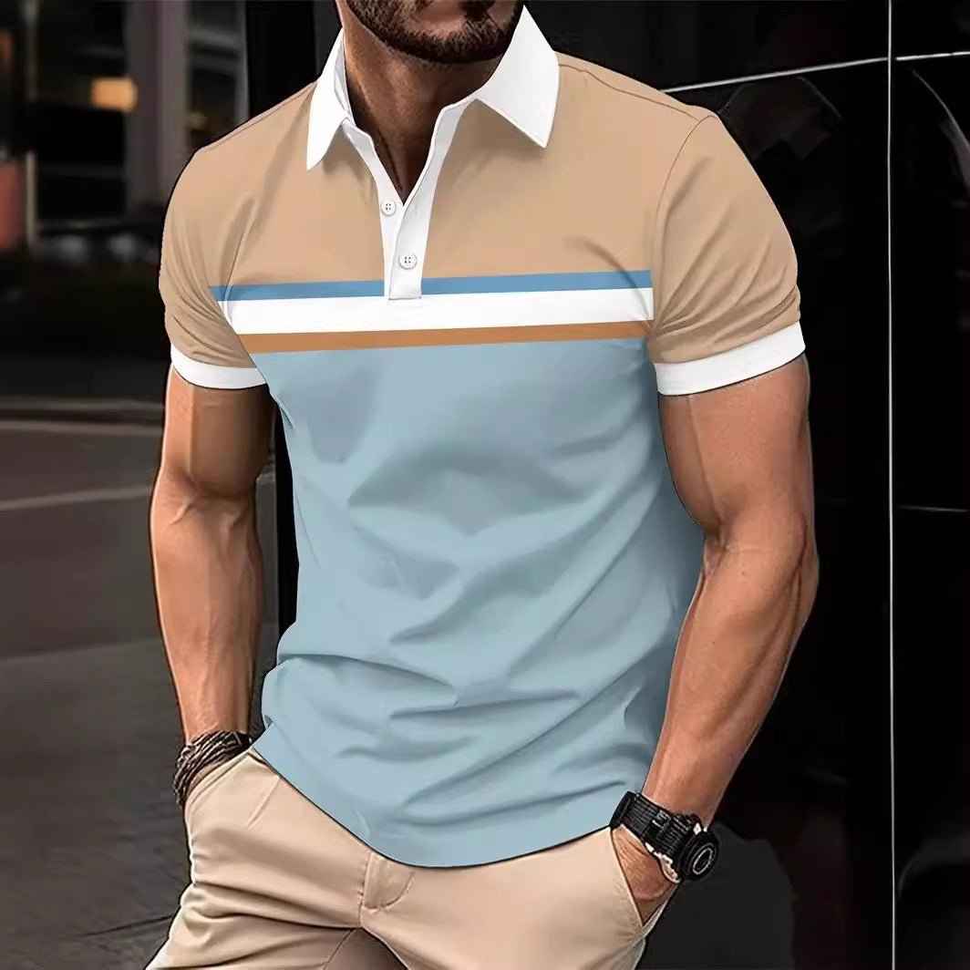 Men’s Polo Shirt – Slim Fit – Cotton – Striped Chest – Contrast Collar – Button Placket