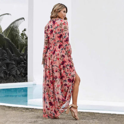 Women’s Maxi Dress – Chiffon – Bohemian Fit – V-Neck – Long Sleeve – Floral Print