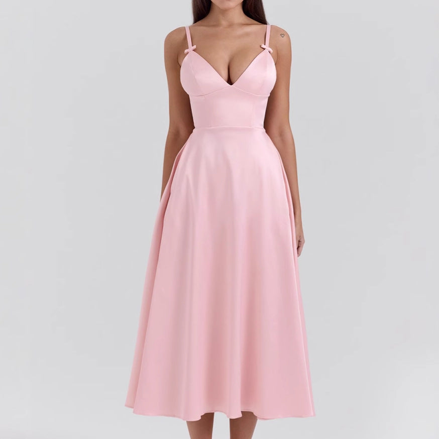 Women’s Satin Dress – V-Neck – Spaghetti Straps – Fitted Bodice – A-Line Midi Skirt