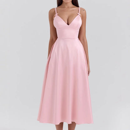 Women’s Satin Dress – V-Neck – Spaghetti Straps – Fitted Bodice – A-Line Midi Skirt