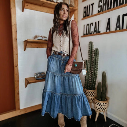Women’s Denim Skirt – A-Line Fit – Tiered Midi Length – Button Front – Boho Style