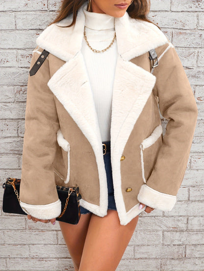 Women’s Faux Fur Jacket – Oversized Fit – Suede Look – Double-Breasted – Hip Length