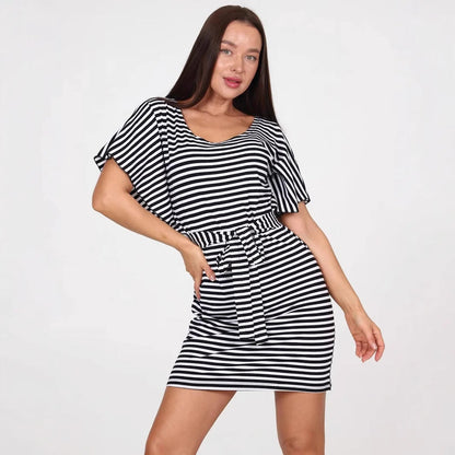 Women’s Mini Dress – Slim Fit – Striped – Short Sleeve – Belted Waist – Round Neck