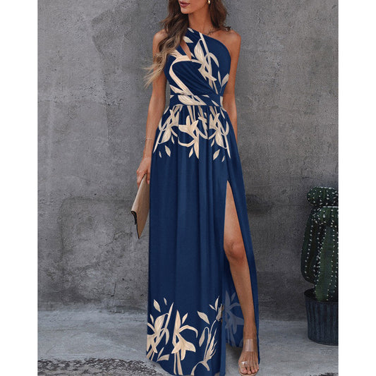 Women's One-Shoulder Maxi Dress - Bold Floral Print - High Slit
